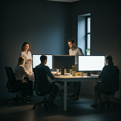Team collaborating in a modern dark office with screens