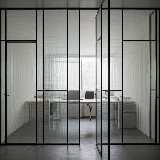 Modern minimalist workspace with glass walls