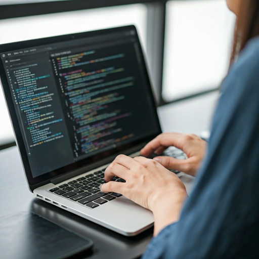 Employee working on laptop with code on screen