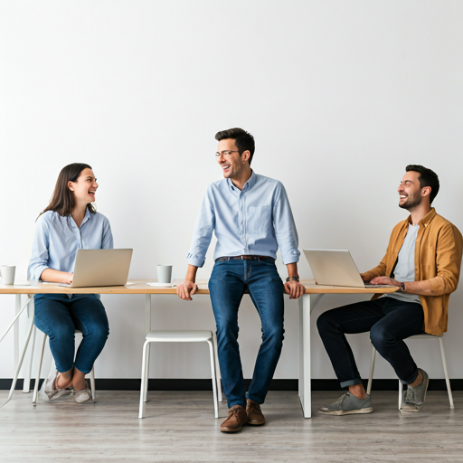 People laughing and working together in office